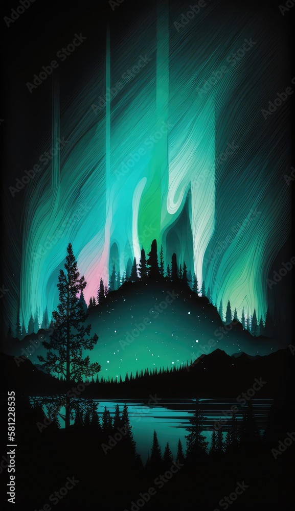 Obraz premium Iullustration of landscape under northern lights, made with generative ai