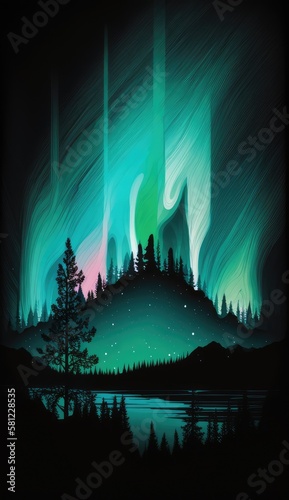 Iullustration of landscape under northern lights, made with generative ai photo