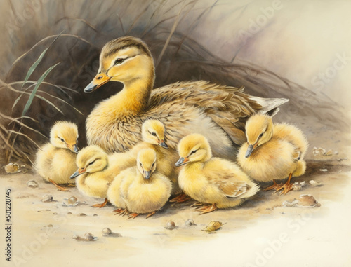 A mama duck and her seven ducklings huddled together close waddling against the wind. Lifestyle concept. AI generation.
