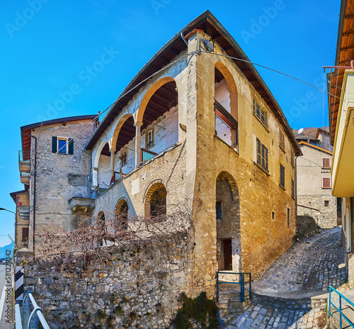 The corner of medieval house, Albogasio, Valsolda, Italy photo