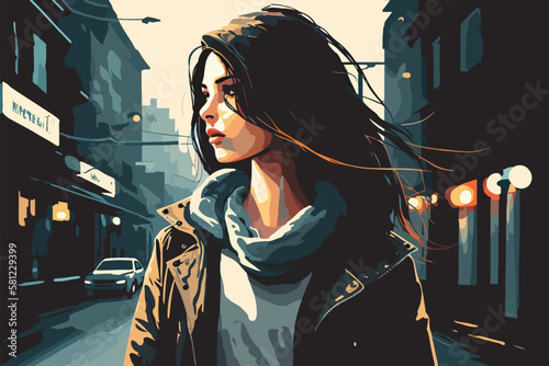 Dramatic colors, rainy weather, a girl on the street, vector illustration, EPS 10