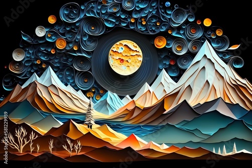 Colorful landscape oil painting background with space for text, aurora borealis in the mountains - Generated by Generative AI