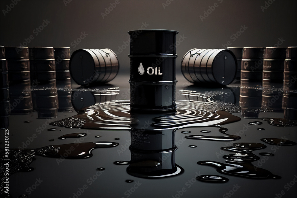 Black Crude Oil Barrel with oil logo and Reflective Oil Spill Pollution