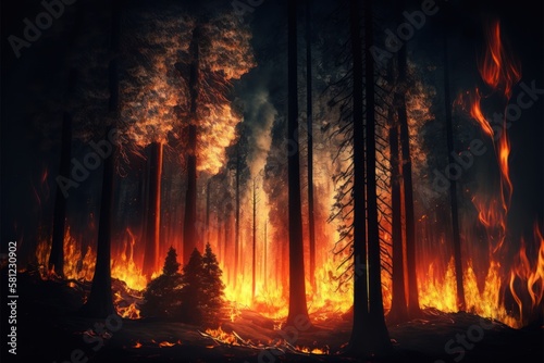Rain forest fire disaster is burning caused by humans, Forest fires, red and orange forest fires at night in the dry season, GENERATIVE AI