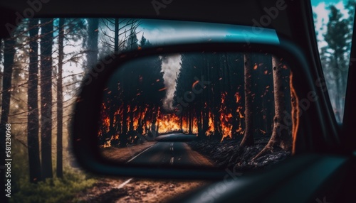 fire, forest, wildfire, blaze, smoke, danger, destruction, emergency, evacuation, car, GENERATIVE AI