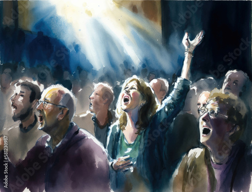 A group of worshippers sing and raise their hands in rapture as they attend a vibrant church service. Lifestyle concept. AI generation.