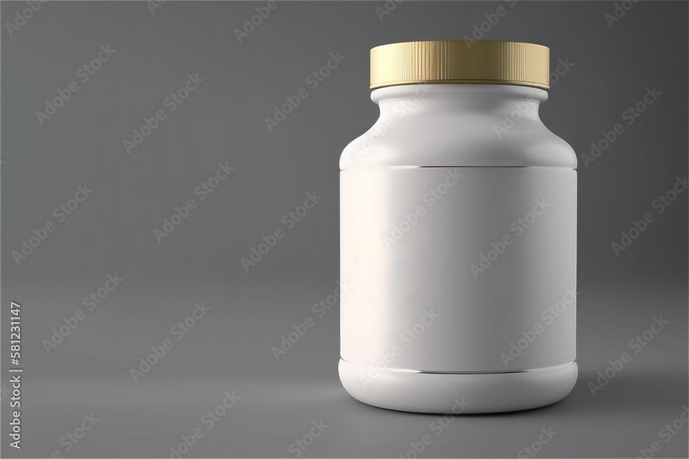 white empty mock up realistic Plastic Packaging jar for medicine supplement or cosmetic product Bottle on grey Background.generative ai.