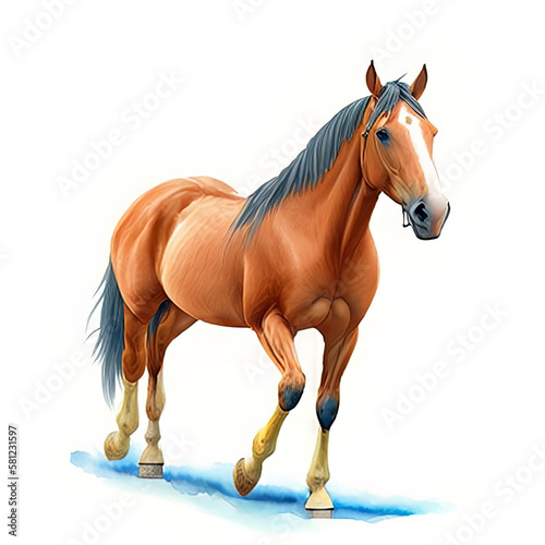 Watercolor Children Book Illustrations  Beautiful brown horse walking with white background  created with Generative AI technology 