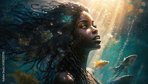 Beautiful black mermaid in the water. Randomly generated not based on a real person. generative AI