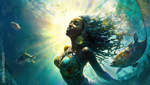Beautiful black mermaid in the water. Randomly generated not based on a real person. generative AI