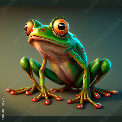 Realistic 3D render of green frog sitting, created with Generative AI technology  photo