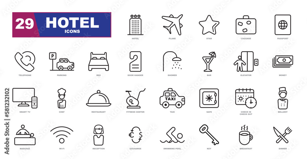 Fototapeta premium Hotel line icons collection.