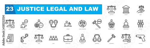 Justice legal and law outline icon collection.
