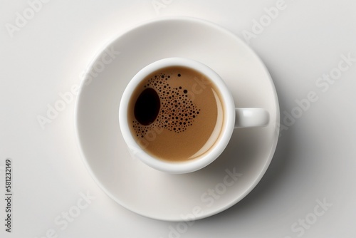 Brown Coffee in Mug on White Table. Top View.