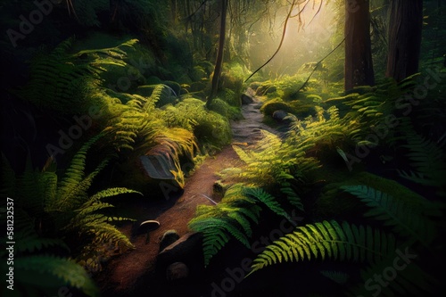 Spring Morning Forest Trail Path Scene with Lush Ferns Moss Trees Rocks Streams Inspired by Pacific Northwest Rainforests Washington State Background Image