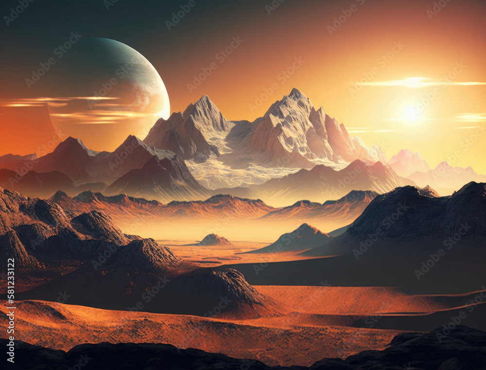 A breathtaking view of an expansive mountain range illuminated by the rising sun. Lifestyle concept. AI generation.