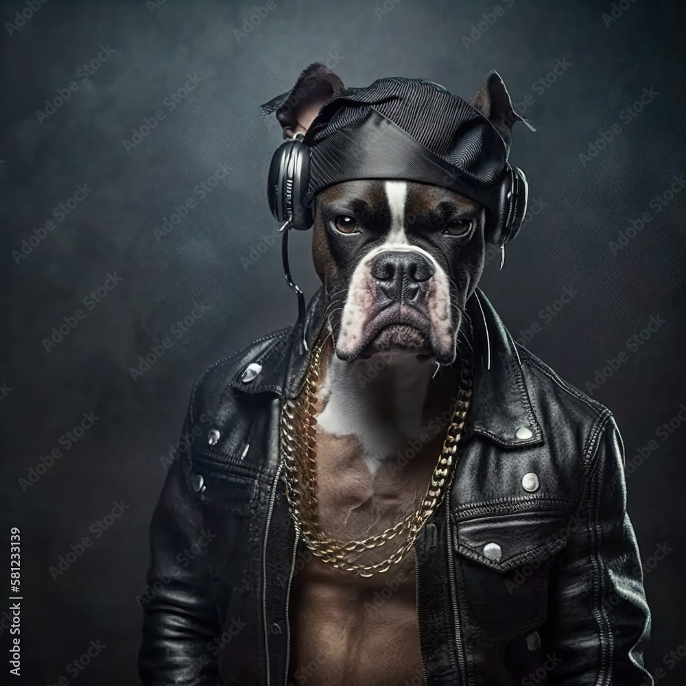 Boxer dog in black jacket listens music, portrait of dj or rapper animal, generative AI. - obrazy, fototapety, plakaty 