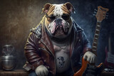Bulldog dog rocker in black leather jacket, portrait of animal with guitar, generative AI