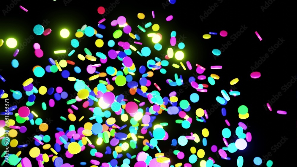 abstract festive background with cloud of circles like disks flashing neon light randomly. Multi-colored cylinders rotating in the air. Beautiful bg. 3d rendering