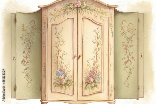 An armoire painted with cheerful floral motifs adds a vibrant detail to a bedroom with a warm and earthy Frenchcountrystyle Interior decoration. AI generation. photo