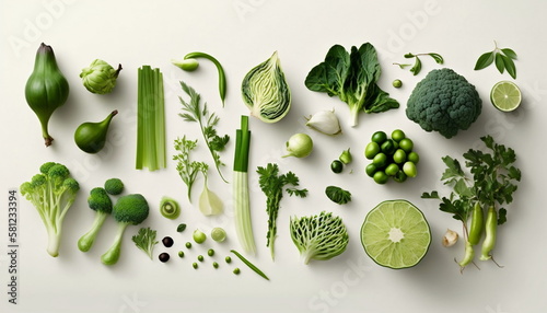 Set of different green vegetables on white background. Healthy food flat lay. Ai generative