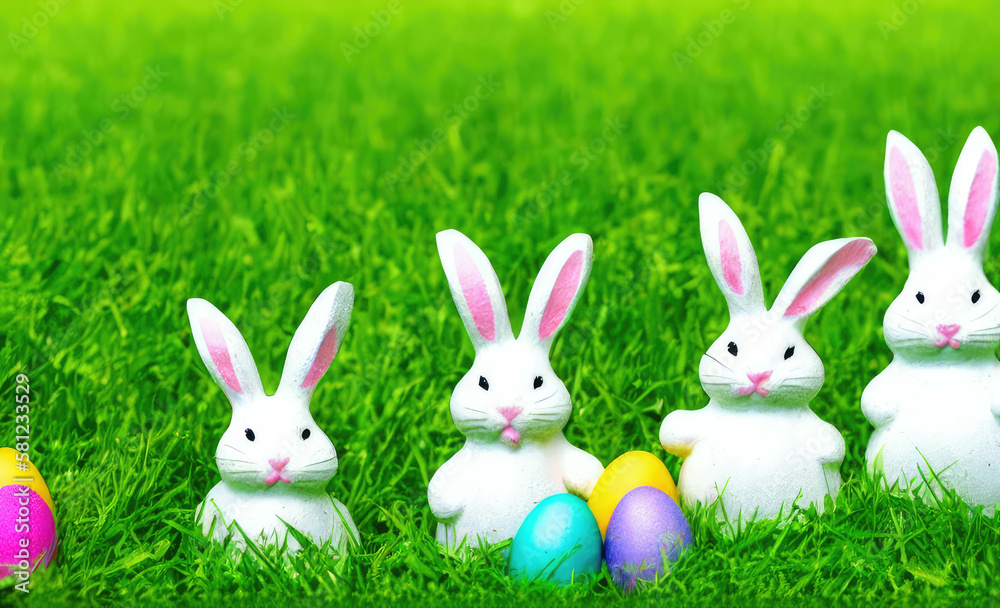 Toy bunnies and Easter eggs on green grass field Toy bunnies and Easter eggs on green grass field