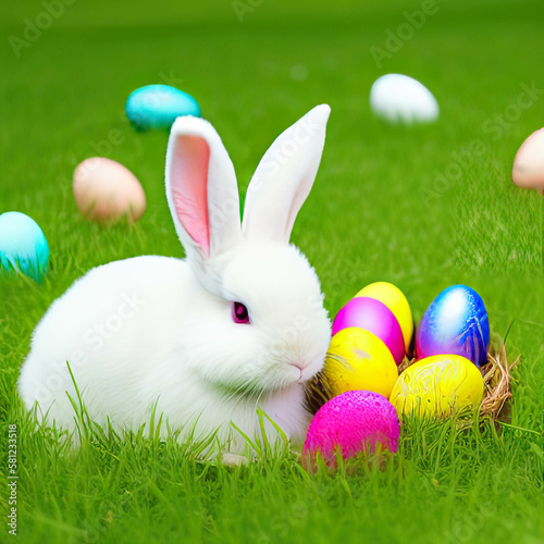 Easter Delight: Bunny and Eggs on a Lush Green Meadow © Marvinix