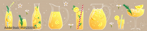 Lemonade in jar and jug, lemon drink. Refreshing summer beverage set for bar or restaurant menu, yellow juice and straw, ice cube, mint leaf, rosemary twig. Fresh glass set. Vector flat illustration