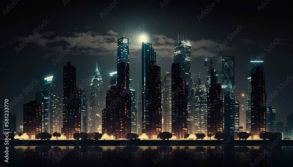 Skyline at night with skyscrapers, with Moon in the background