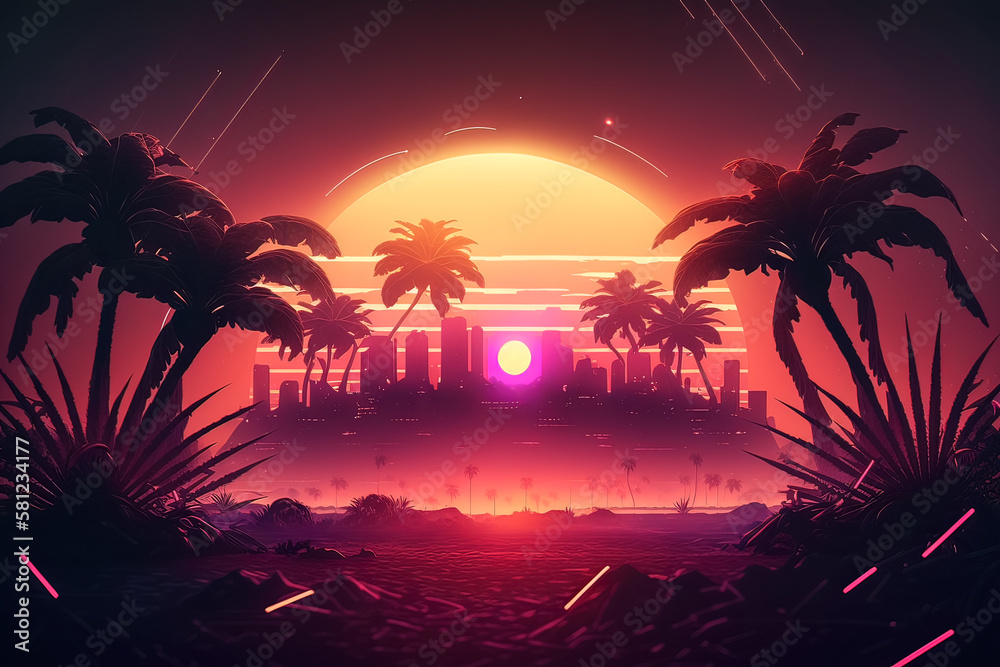 Sunset with big sun in miami disco style party. Retro wave, synthwave illustration. Background 80 s, 90 s style. Generative AI