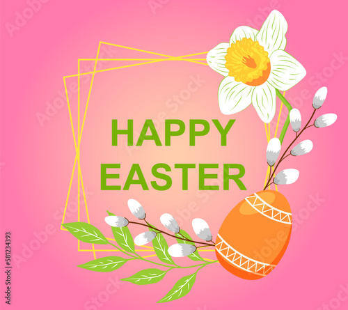 Happy Easter card with egg and flowers on pink background
