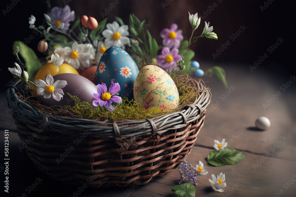 Easter eggs in the basket. Generative AI. Easter eggs in the basket. Generative AI.
