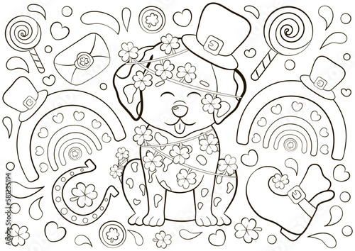 Cute coloring page for St Patrick's Day with Dalmatian character in shamrock garland and lucky hat, printable game for kids, black and white doodle for children