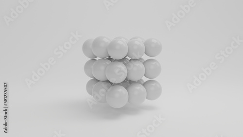 3d rendering of a set of identical white balls. The spheres are arranged in order and form a cube. A cube of spheres. A combination of geometrically incongruous shapes.