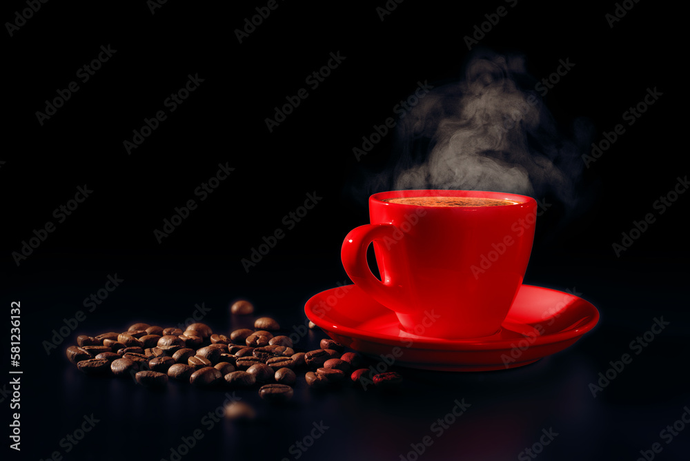 Red cup of hot black coffee with steam and coffee beans on dark background. Low key. Copy space.