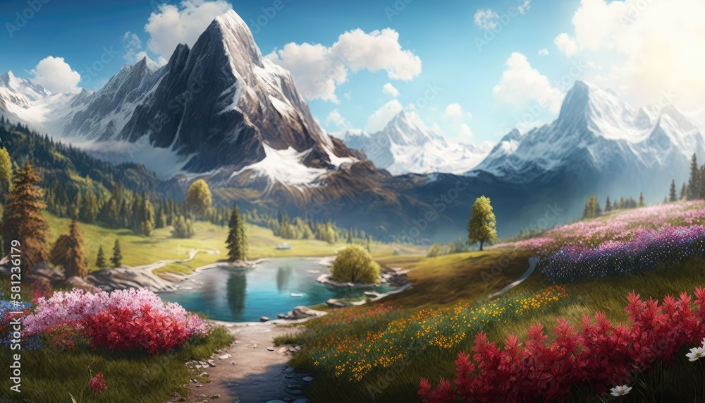 Idyllic mountain landscape in the alps with blooming meadows in springtime. Generative AI illustration.