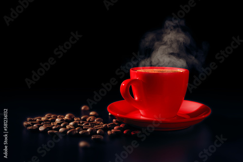 Obraz na płótnie Red cup of hot black coffee with steam and coffee beans on dark background. Low key. Copy space. w salonie