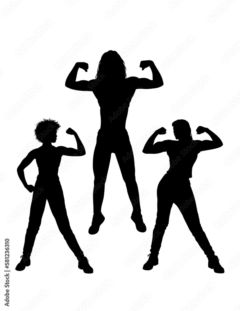 Strong girl showing her biceps silhouette, bodybuilding pose gym sport ...