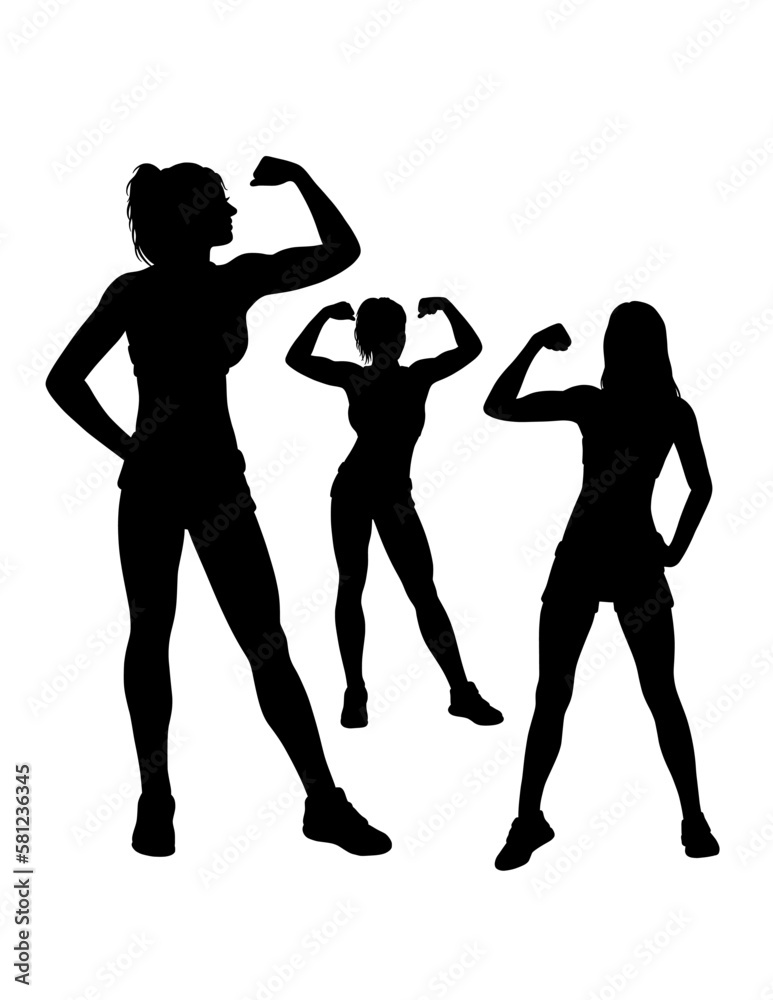 Strong girl showing her biceps silhouette, bodybuilding pose gym sport ...