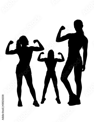 Strong girl showing her biceps silhouette, bodybuilding pose gym sport training black shadow