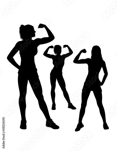 Strong girl showing her biceps silhouette, bodybuilding pose gym sport training black shadow