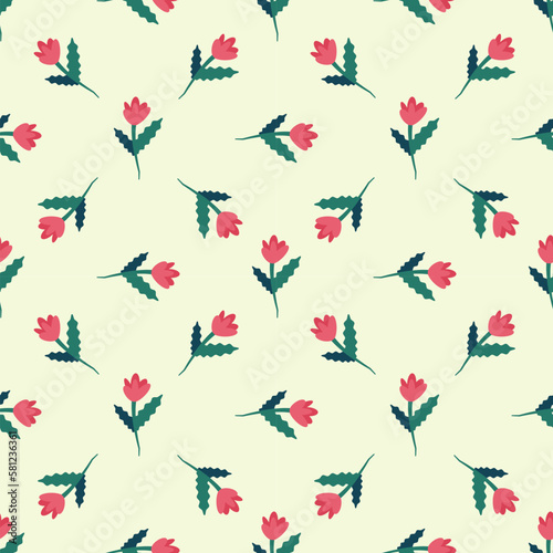 Vector seamless pattern of red flower with dark green petals. Suitable for web sites, textile, fabric, wallpapers