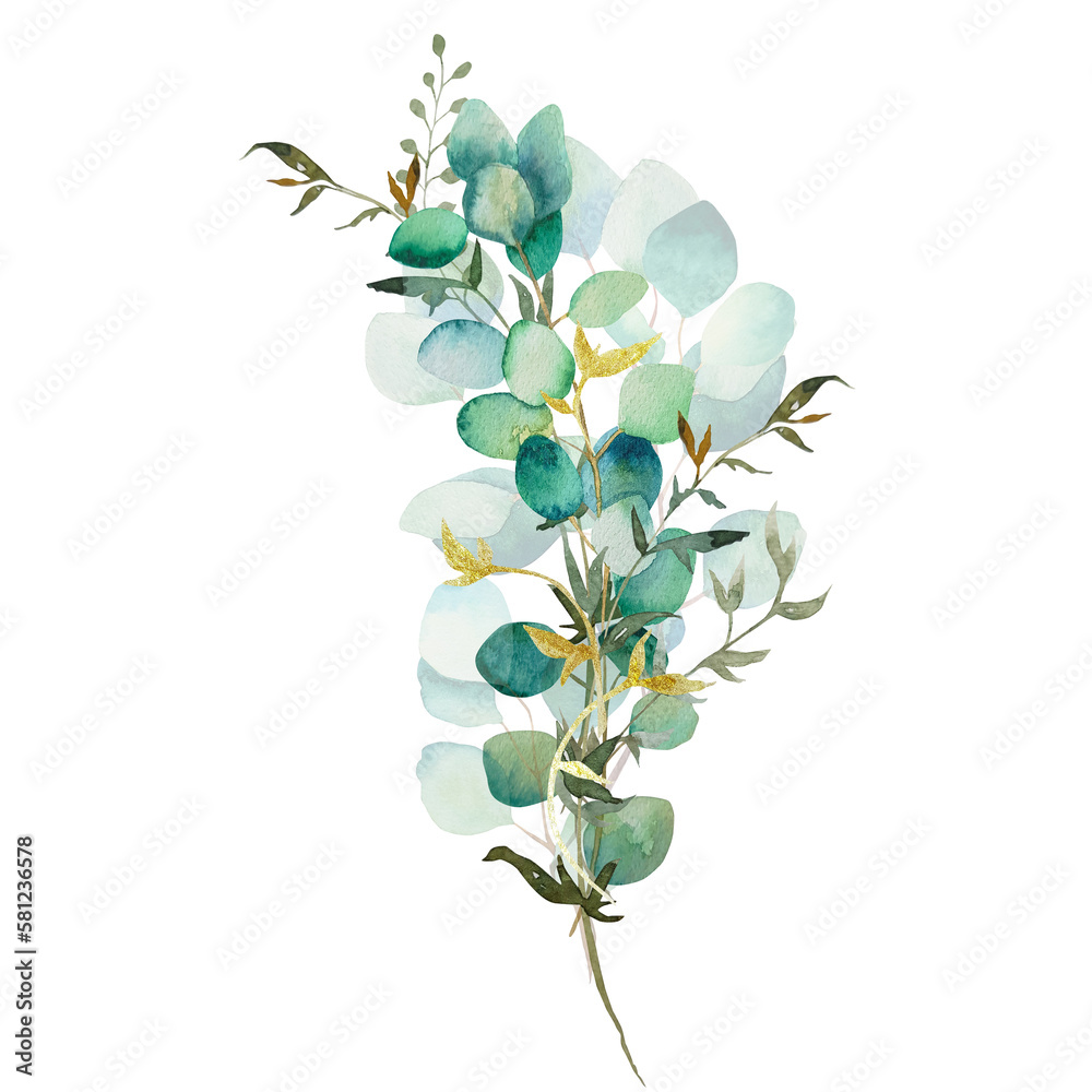 Bouquet of watercolor green leaves and eucalyptus branch. Hand drawn illustration isolated on white background. Botanical illustration. Bouquet of watercolor green leaves and eucalyptus branch. Hand drawn illustration isolated on white background. Botanical illustration.