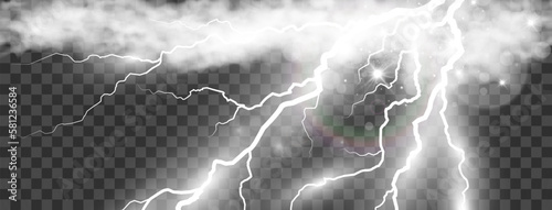Vector image of realistic lightning. Flash of thunder on a transparent background.	
