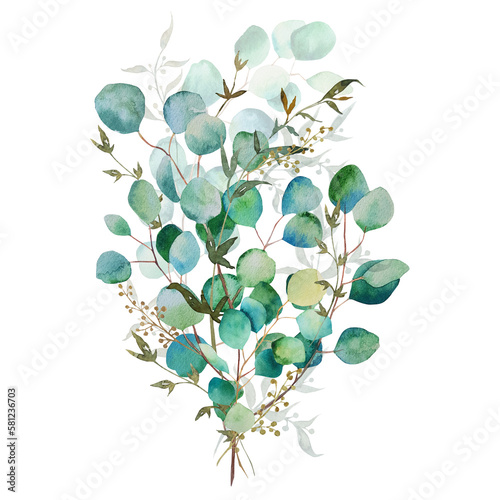 Bouquet of watercolor green leaves and eucalyptus branch. Hand drawn illustration isolated on white background. Botanical illustration. © Юлия Булатова