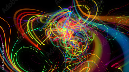 Abstract background glow lines or light streaks. Running lights particles form in 3d space glowing beautiful curved lines like ball of wires burning with neon light. Beautiful creative bg. 3d render