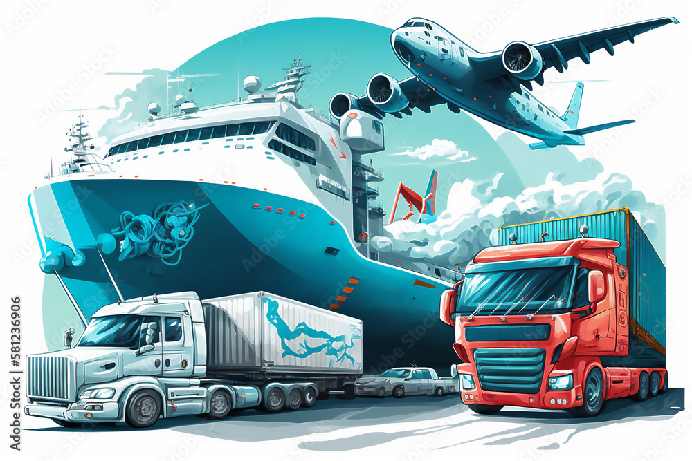 Logistic, worldwide shipping and Fright transportation concept. global business logistic import export by airplane, trucks and ships.generative ai.