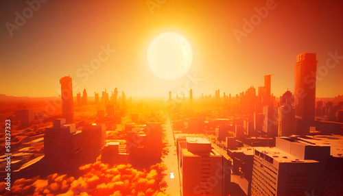 Heatwave over a city, bright sun, global warming, urban heat island. Generative AI