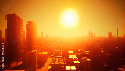 Heatwave over a city, bright sun, global warming, urban heat island. Generative AI photo