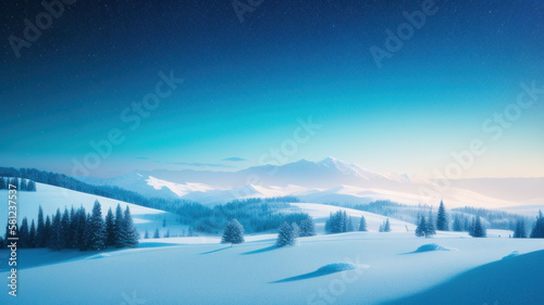 Beautiful snowy landscape with a forest, and mountain range. Generative AI